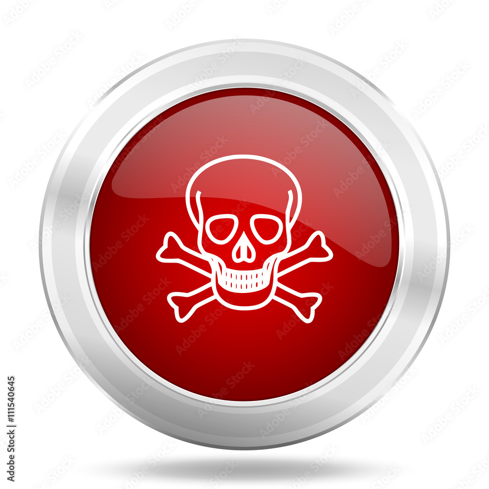 skull icon, red round glossy metallic button, web and mobile app design illustration