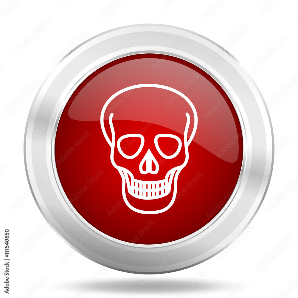 skull icon, red round glossy metallic button, web and mobile app design illustration skull icon, red round glossy metallic button, web and mobile app design illustration