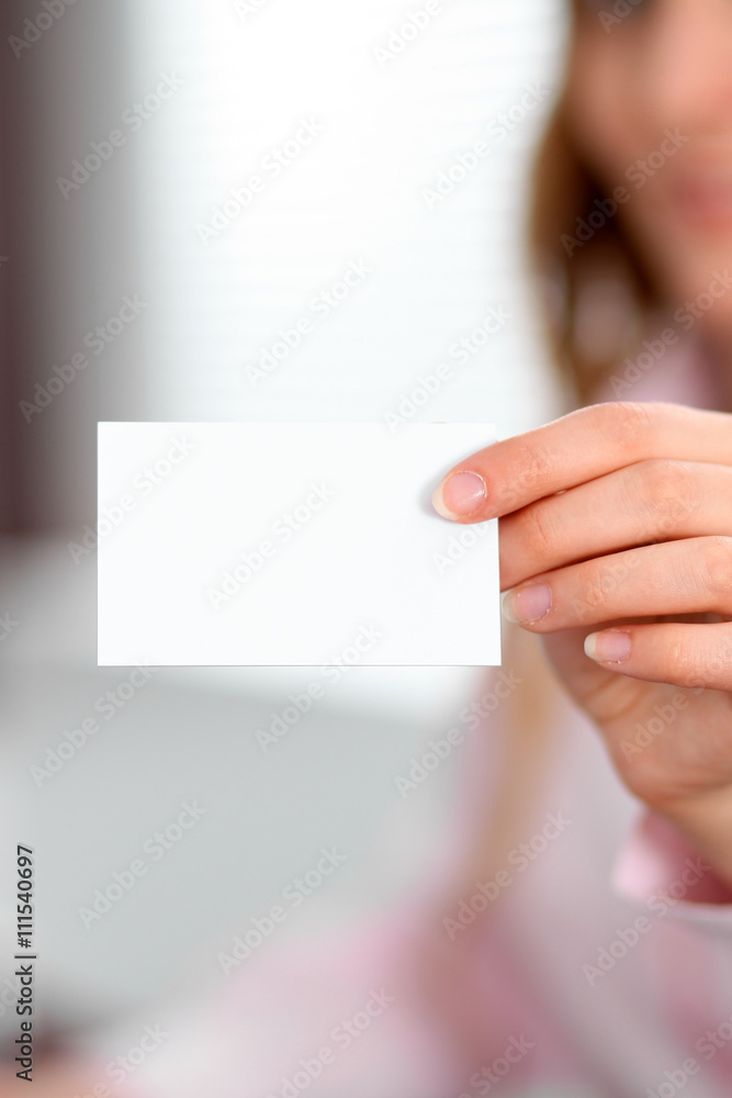 Business woman giving visit card Business woman giving visit card