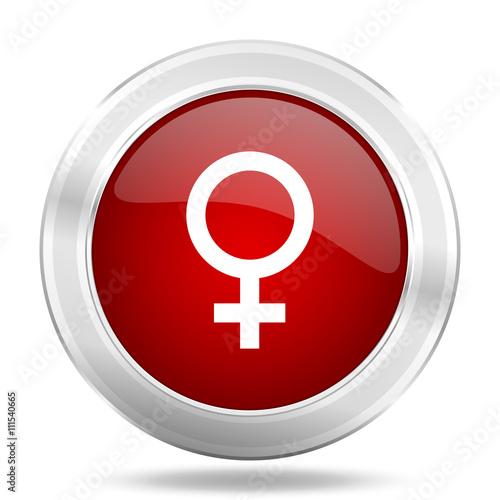 female icon, red round glossy metallic button, web and mobile app design illustration
