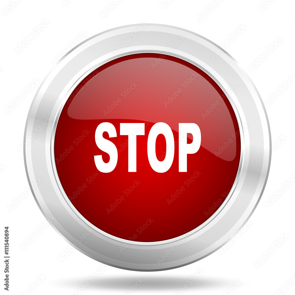 stop icon, red round glossy metallic button, web and mobile app design illustration stop icon, red round glossy metallic button, web and mobile app design illustration