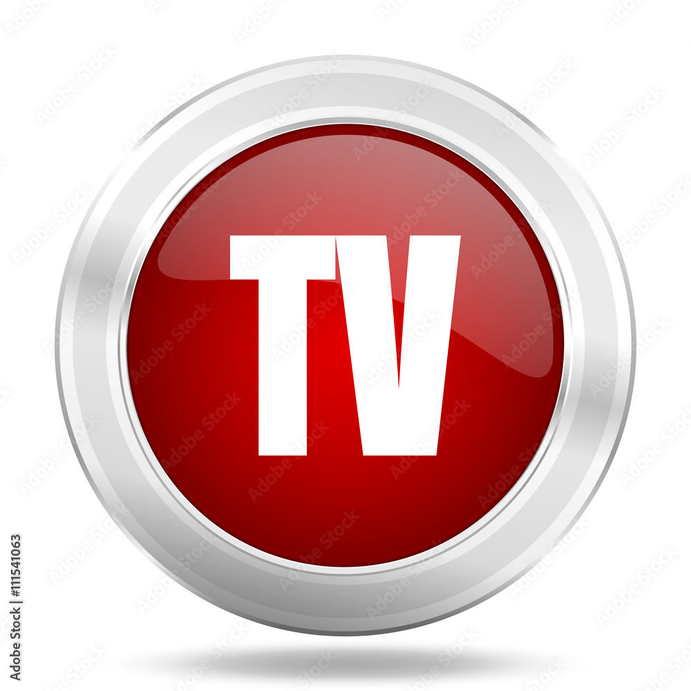 tv icon, red round glossy metallic button, web and mobile app design illustration tv icon, red round glossy metallic button, web and mobile app design illustration