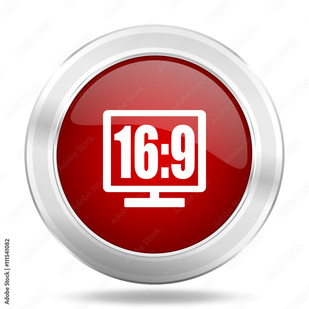 16 9 display icon, red round glossy metallic button, web and mobile app design illustration 16 9 display icon, red round glossy metallic button, web and mobile app design illustration