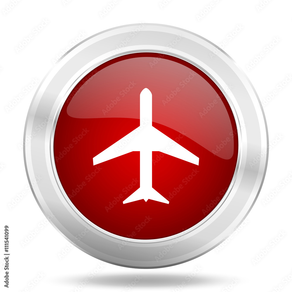 plane icon, red round glossy metallic button, web and mobile app design illustration