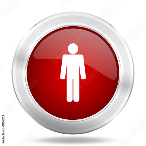 male icon, red round glossy metallic button, web and mobile app design illustration