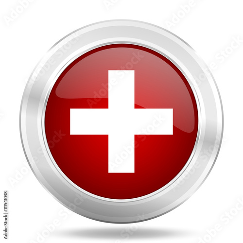 plus icon, red round glossy metallic button, web and mobile app design illustration