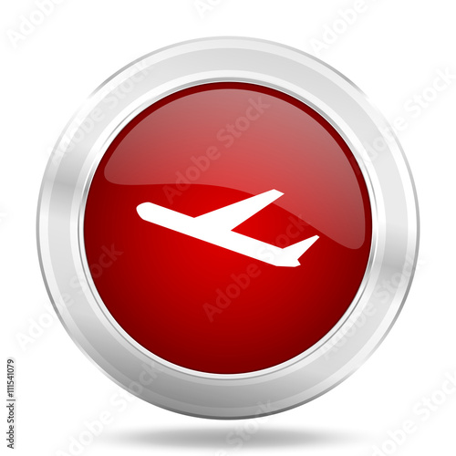 deparures icon, red round glossy metallic button, web and mobile app design illustration