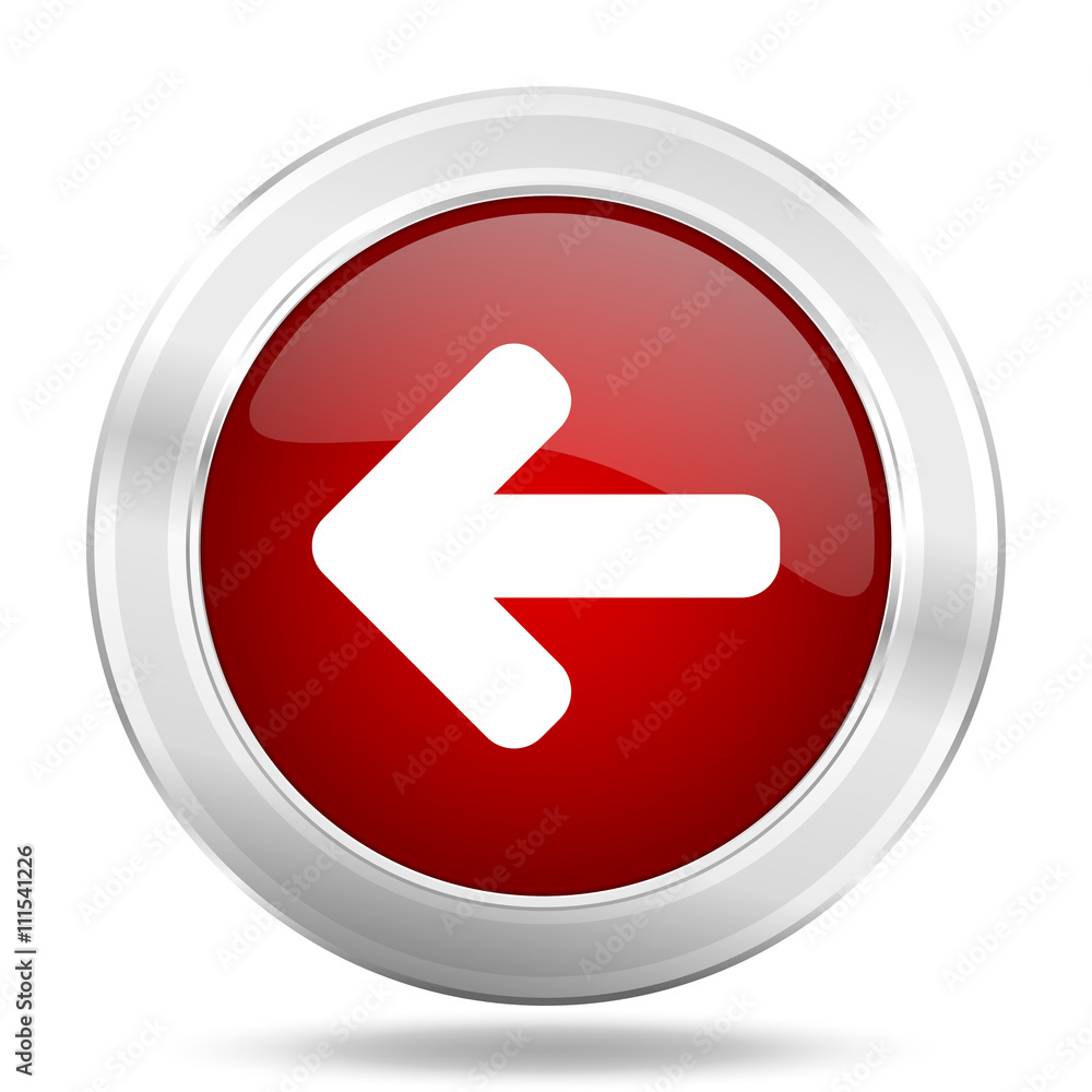 left arrow icon, red round glossy metallic button, web and mobile app design illustration left arrow icon, red round glossy metallic button, web and mobile app design illustration