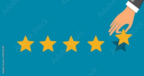 Golden Five Star Rating System on Blue Background With Hand Adding Star Flat Vector Design