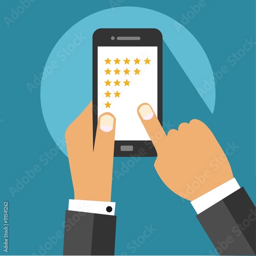Five Star Rating System on Mobile Device Screen With Hands Isolated Flat Vector Sign