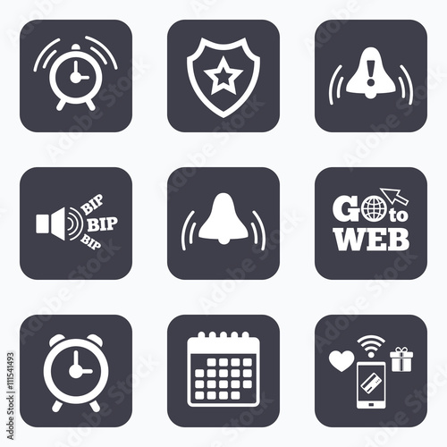 Alarm clock icons. Wake up bell signs symbols.