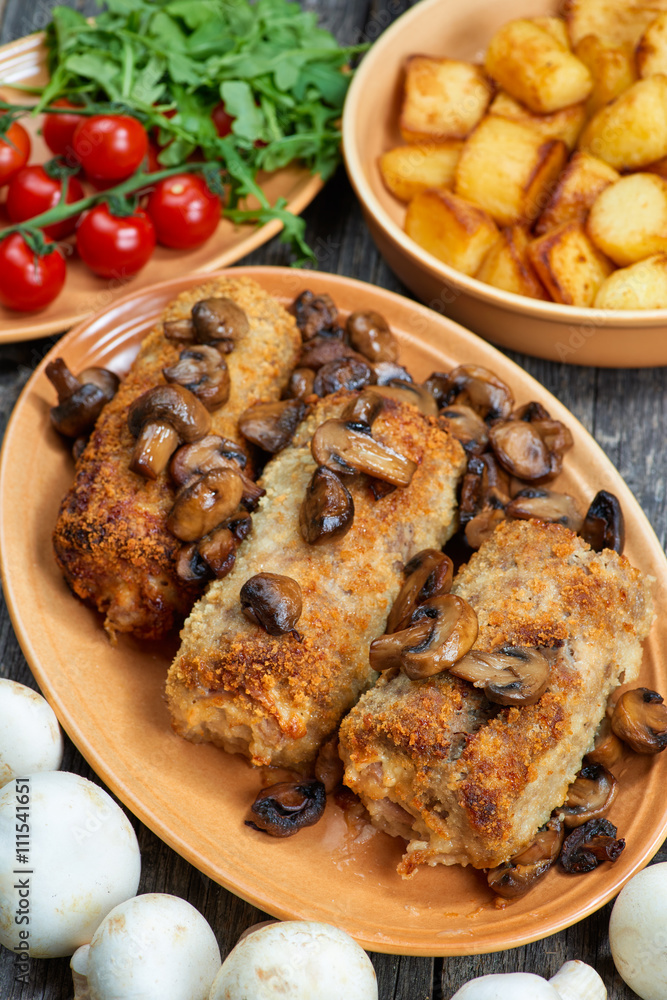 roulade of pork with roasted mushrooms and potatoes roulade of pork with roasted mushrooms and potatoes