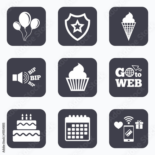 Birthday party icons. Cake with ice cream symbol