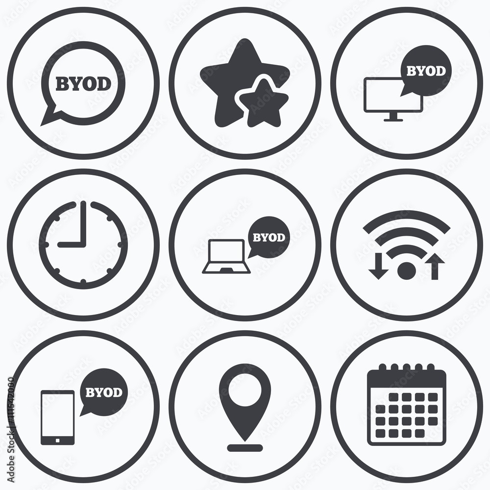 BYOD signs. Notebook and smartphone icons. BYOD signs. Notebook and smartphone icons.