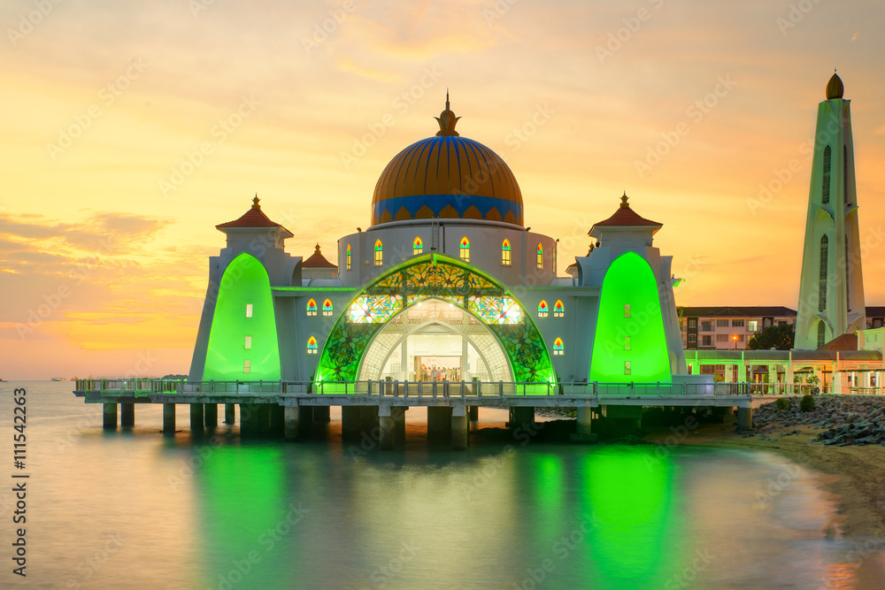 Malacca Straits Mosque, Malaysia at sunset