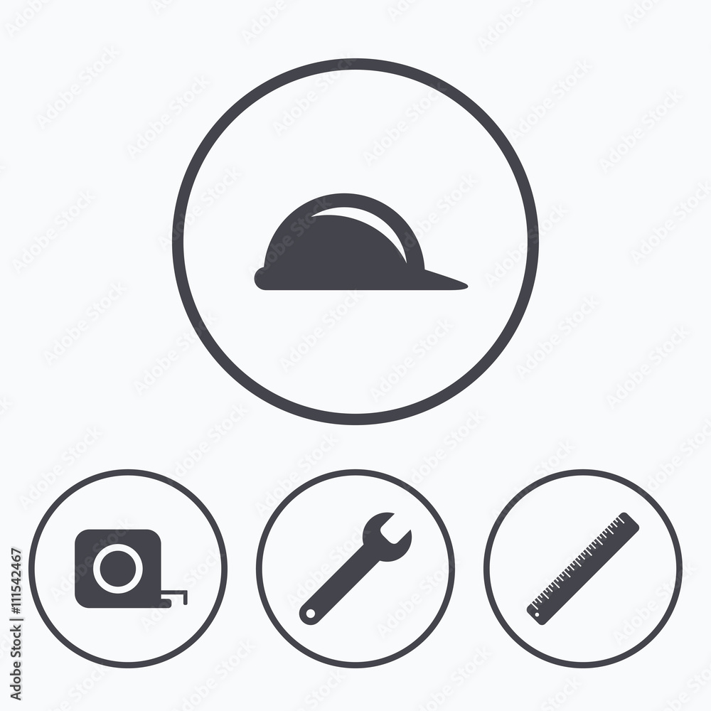 Construction helmet and ruler, roulette icons. Construction helmet and ruler, roulette icons.