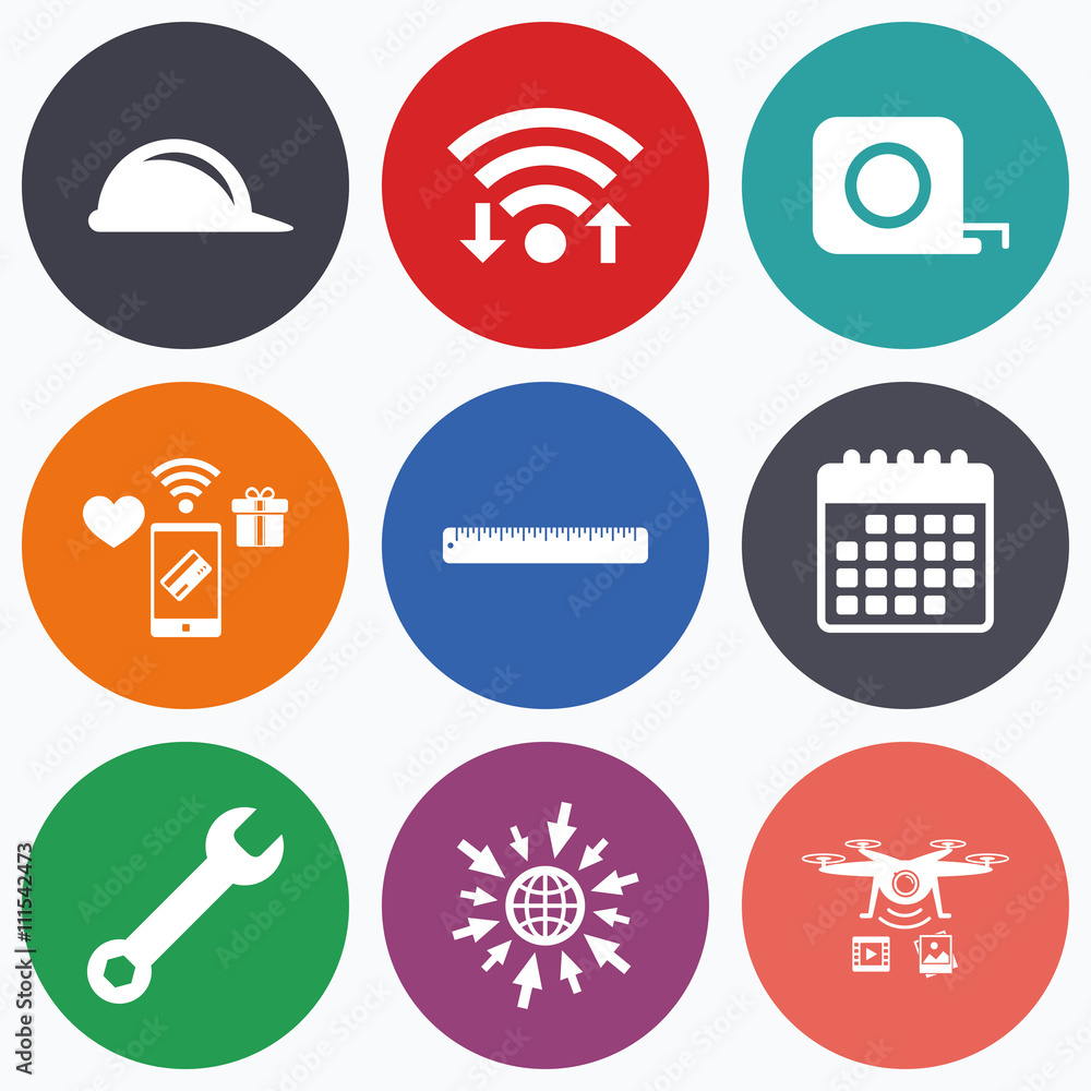 Construction helmet and ruler, roulette icons. Construction helmet and ruler, roulette icons.