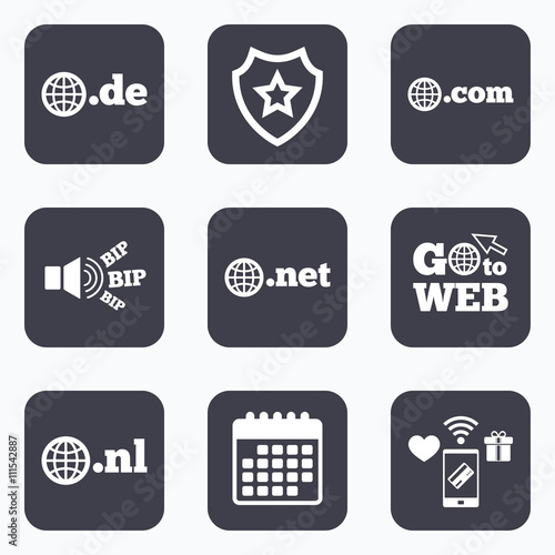 Top-level domains signs. De, Com, Net and Nl.