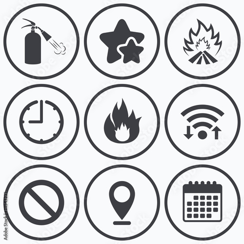 Fire flame icons. Prohibition stop symbol.