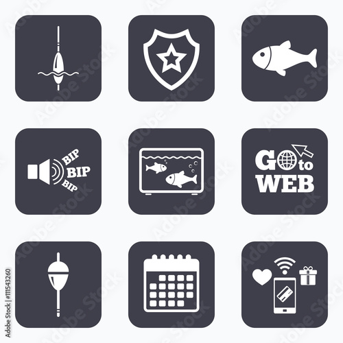 Fishing icons. Fish with fishermen hook symbol.