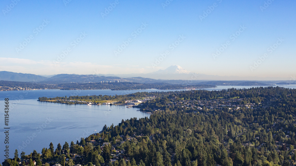 Aerial Shot of Forests, Lake, and Suburban Neighborhoods of Shoreline, Sand Point, North Seattle, Magnuson Park, Lake Washington, and Mt Rainier
