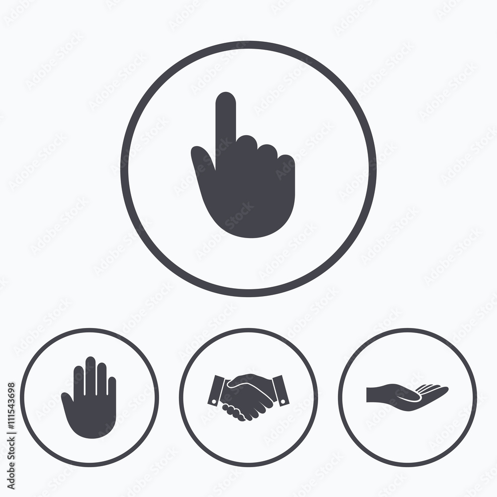 Hand icons. Handshake and click here symbols. Hand icons. Handshake and click here symbols.