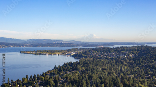 Aerial Shot of Forests  Lake  and Suburban Neighborhoods of Shoreline  Sand Point  North Seattle  Magnuson Park  Lake Washington  and Mt Rainier