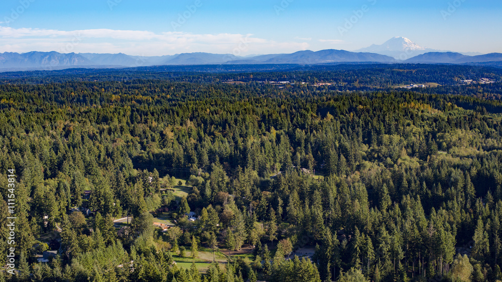 Naklejka premium Bothell Mill Creek, Washington Suburban Forest Aerial - Mount Rainier and Cascade Mountains Backdrop