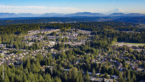 Bothell Mill Creek, Washington Suburban Forest Aerial - Mount Rainier and Cascade Mountains Backdrop