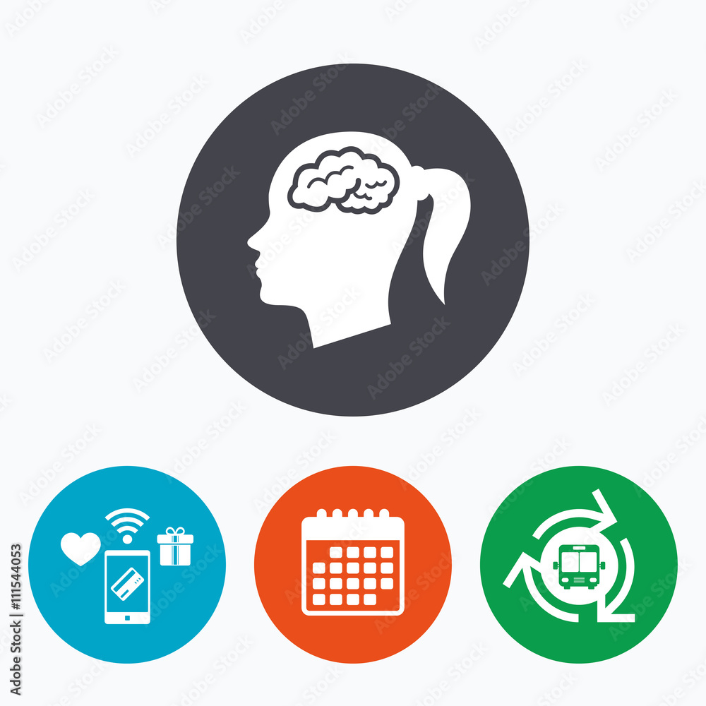Head with brain sign icon. Female woman head Head with brain sign icon. Female woman head
