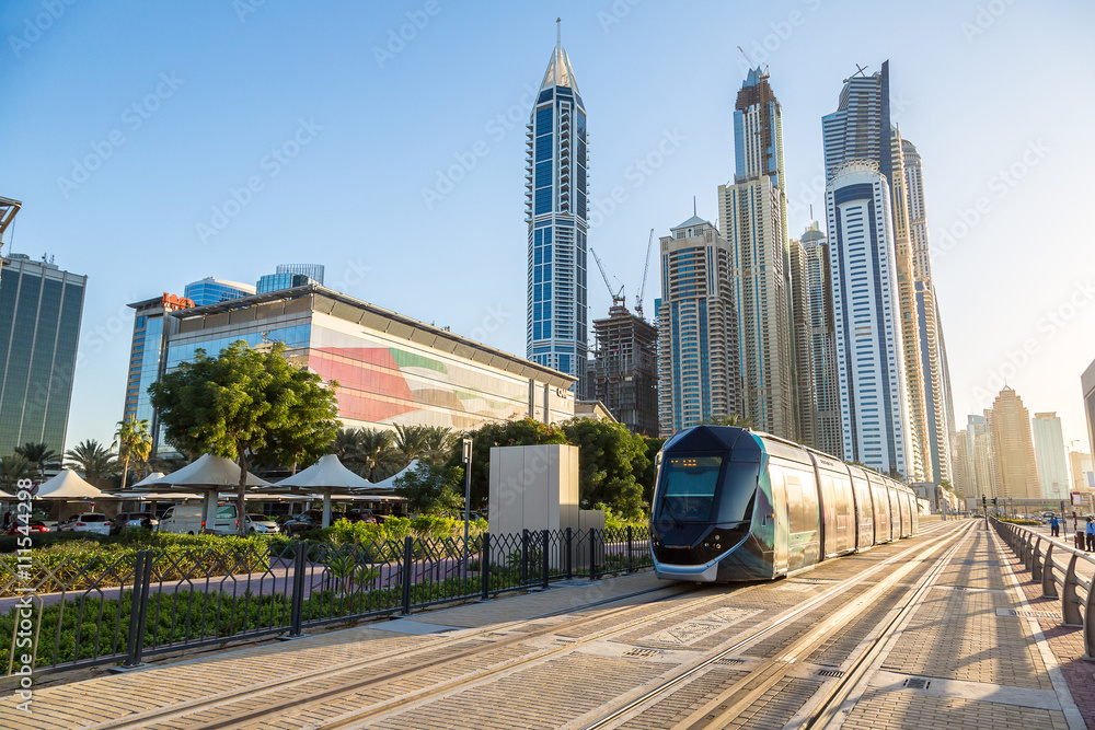 Naklejka premium New modern tram in Dubai, UAE