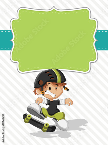 Card with a cute happy cartoon boy on a skate