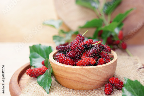 fresh organic mulberry in bowl on wooden background with mulberry fruit and mulberry branch. 