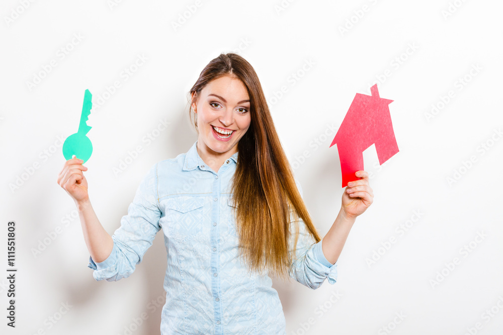 Woman and paper house. Housing real estate concept