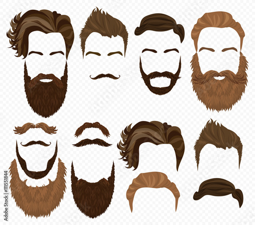 Man hair, mustache and beards collection. Hipster high detailed fashion elements on alpha background.