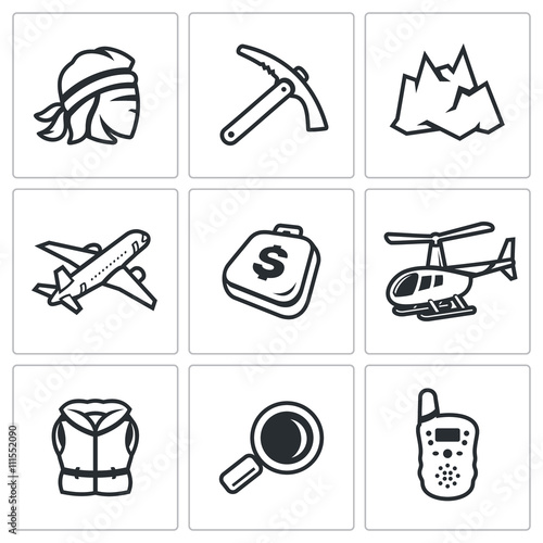 Vector Set of Mountain rescue Icons. Man, Ice Ax, Top, Aircraft, Luggage, Helicopter, Life Jacket, Magnifier, Portable Radio.