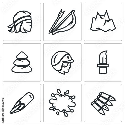 Vector Set of Survival in the forest and mountains Icons. Criminal, Bow, Arrow, Top, Tree, Cop, Knife, Count, Blood, Bullet.