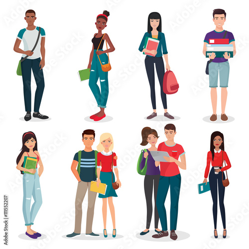 International university or college group of young students characters and couples collection.