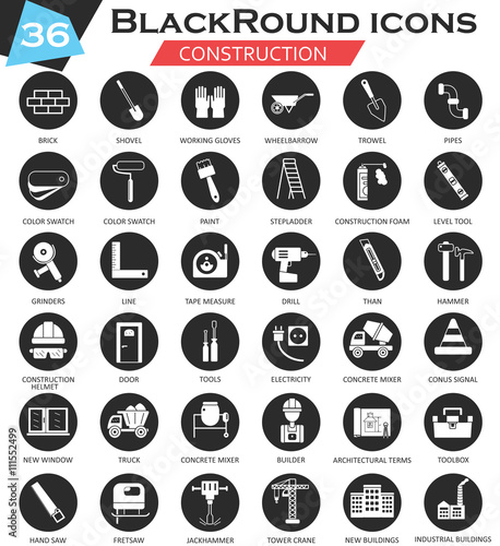 Vector Construction and building tools circle white black icon set. Ultra modern icon design for web.