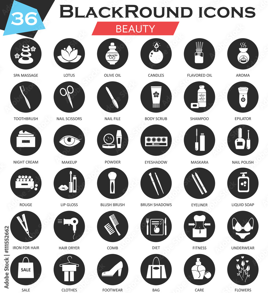 Vector Beauty cosmetics circle white black icon set. Ultra modern icon design for web.