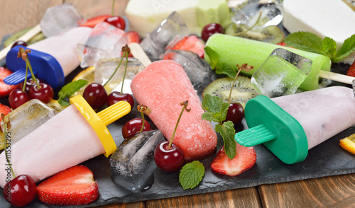 Ice cream, popsicles, ice and various fruits
