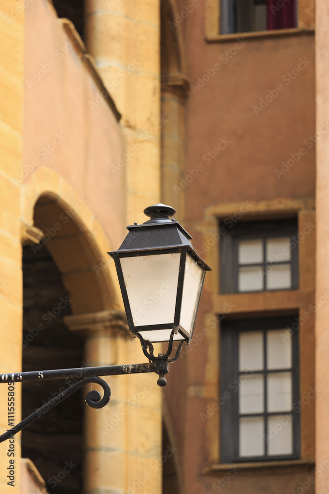 Street light in Vieux-Lyon, the old city center of Lyon, France.