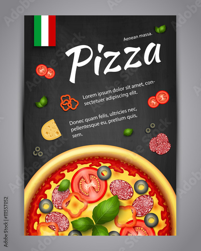 Realistic Pizza Pizzeria flyer vector background. Vertical Italian Pizza poster with ingredients and text on blackboard