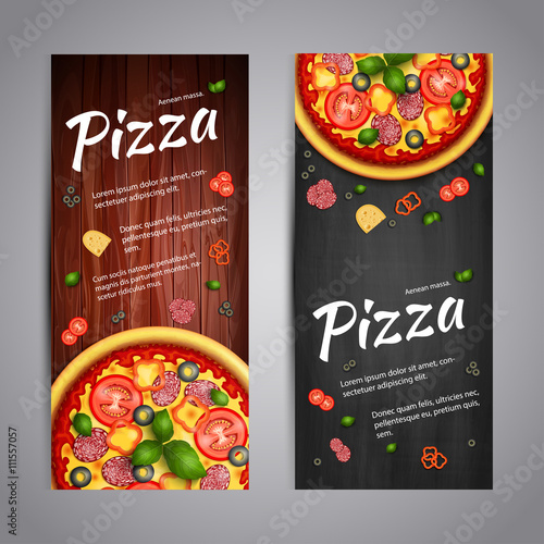 Realistic Pizza Pizzeria flyer vector background. Two vertical Pizza banners with ingredients and text on wooden background and blackboard