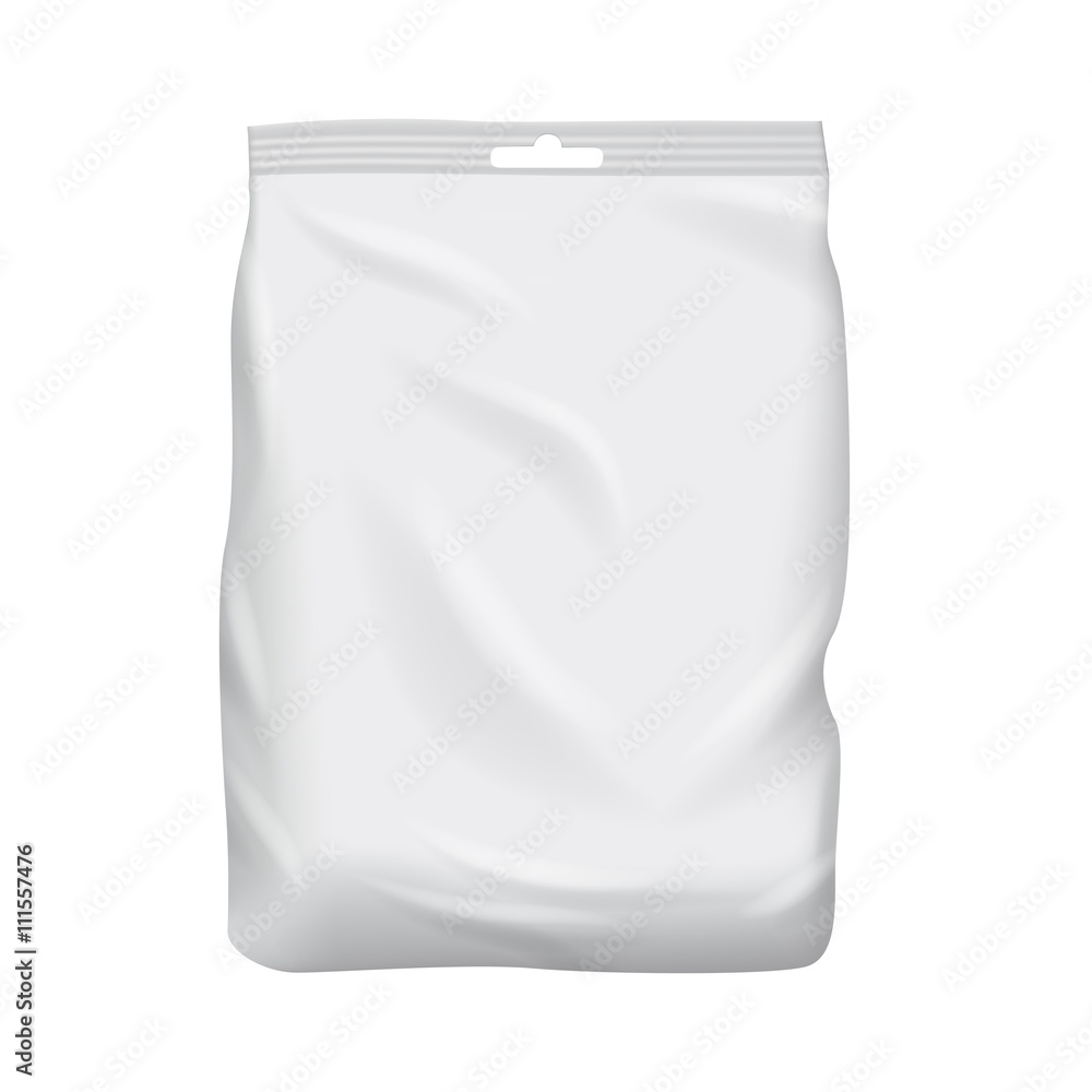 Blank packaging isolated on white background. Foil food snack bag for
