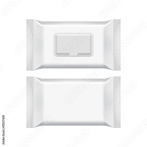 Blank packaging wet wipes isolated on white background. Foil cosmetic bag. Package template. Realistic 3d mockup. Plastic pack template. Ready for design. Vector illustration.