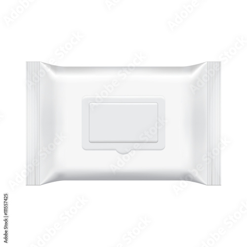 Blank packaging wet wipes isolated on white background. Foil cosmetic bag. Package template. Realistic 3d mockup. Plastic pack template. Ready for design. Vector illustration.