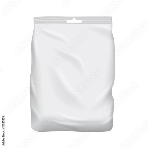 Blank packaging isolated on white background. Foil food snack bag for coffee, chips. Package template. Realistic 3d mockup. Plastic pack template. Ready for design. Vector illustration.