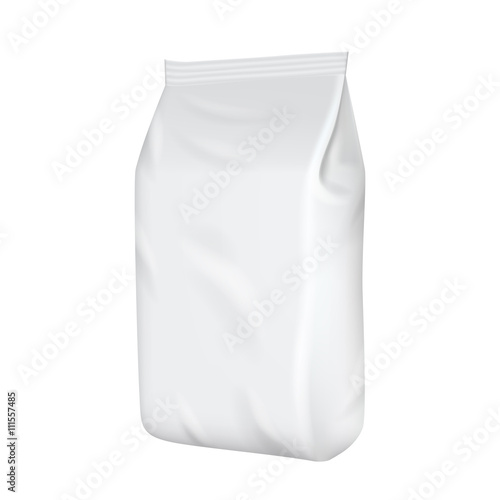 Blank packaging isolated on white background. Foil food snack bag for coffee, chips. Package template. Realistic 3d mockup. Plastic pack template. Ready for design. Vector illustration.