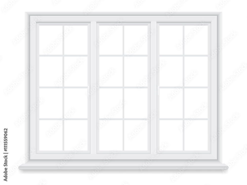 Traditional white window isolated on white background. Closed realistic vector window element of architecture and interior design. Traditional white window isolated on white background. Closed realistic vector window element of architecture and interior design.